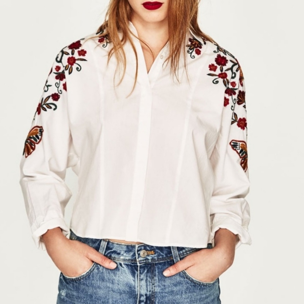 ￼ZARA EMBROIDERED COTTON BLOUSE SQUARE ONE Size M